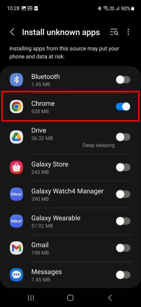 select chrome enabled to download app from unknown sources